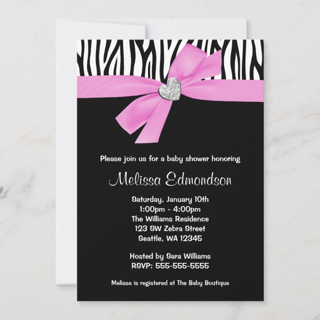 Invitación Pink Bow Diamond Heart Zebra Baby Shower (Anverso)