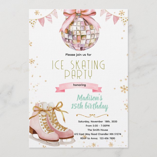 Invitación Pink bow disco ice skating party invitation (Anverso)