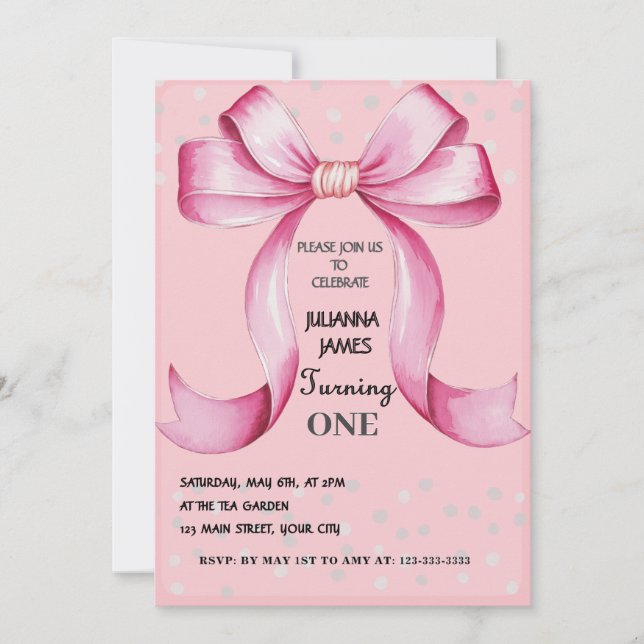 Invitación Pink Bow Elegant fiesta de primer cumpleaños (Anverso)