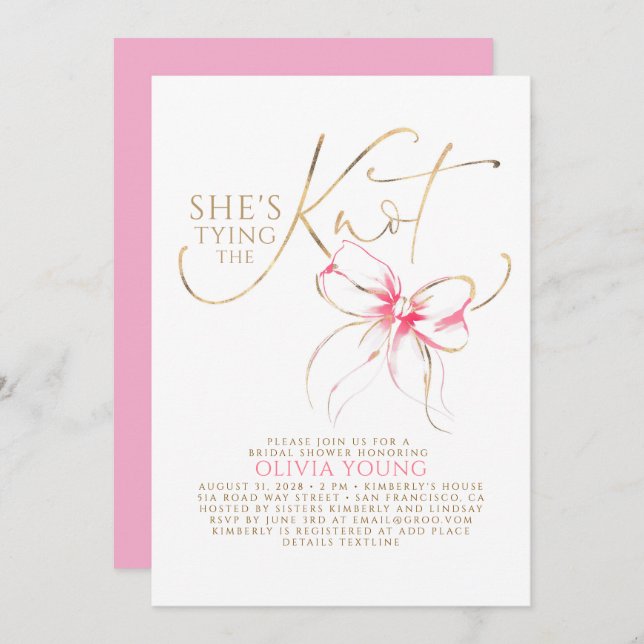 Invitación Pink Bow Elegant Modern Minimalist Bridal Shower (Anverso / Reverso)