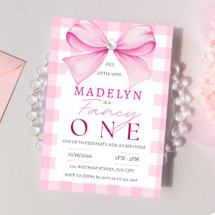 Invitación Pink Bow Fancy One Chica Moda Coquette 1º cumpleañ