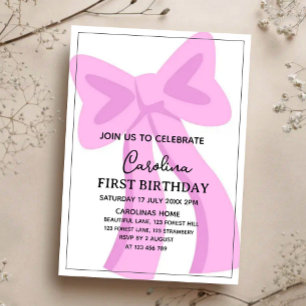 Invitación Pink Bow First Birthday Invitation   Elegant Girl 