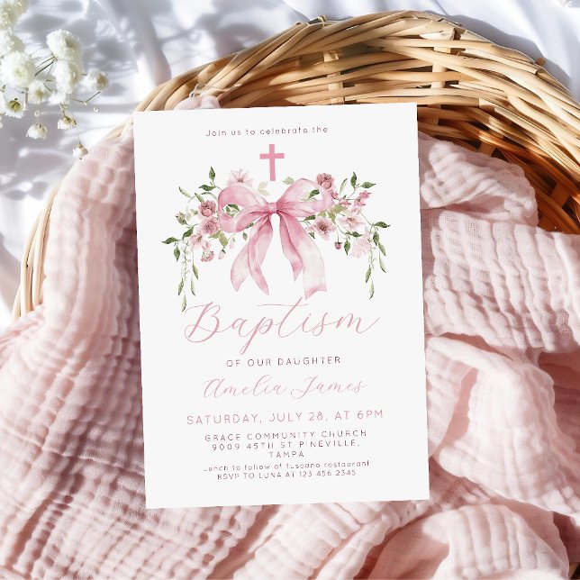 Invitación Pink Bow Floral Coquette Girl Baptism  (Subido por el creador)