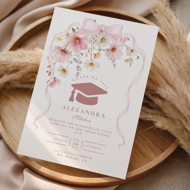 Invitación Pink Bow Floral Graduation (Subido por el creador)