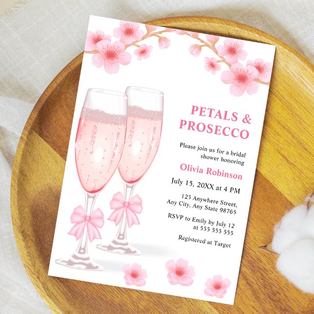 Invitación Pink Bow Floral Petals and Prosecco Bridal Shower  (Pink Bow Floral Petals and Prosecco Bridal Shower Invitation )