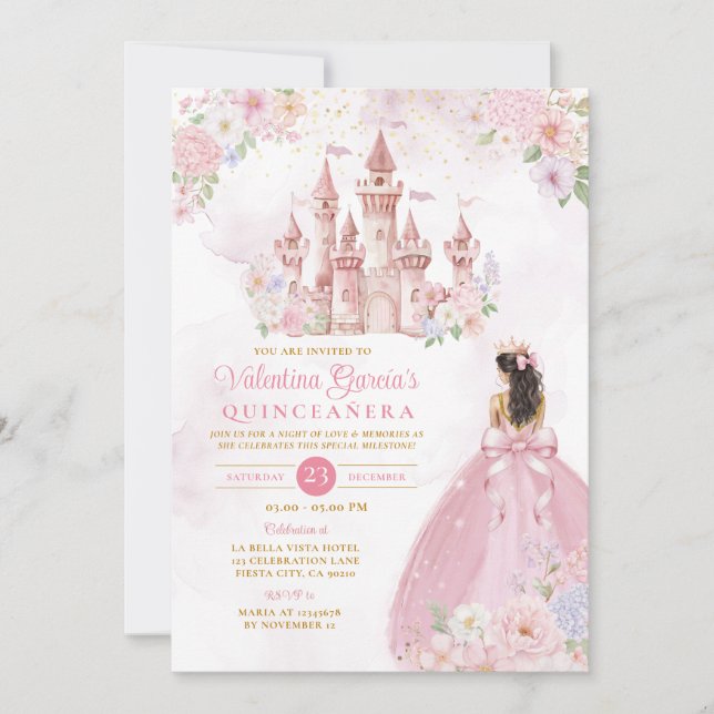 Invitación Pink Bow Floral Princess Royal Castle Quinceañera (Anverso)