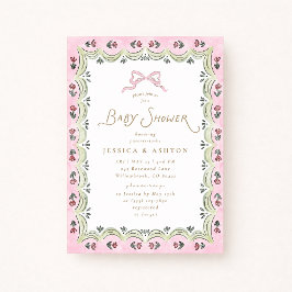 Invitación Pink Bow Floral Scalloped Frame Baby Shower 