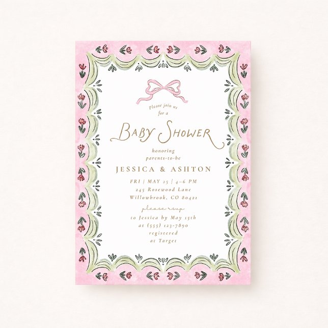Invitación Pink Bow Floral Scalloped Frame Baby Shower  (Subido por el creador)