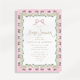 Invitación Pink Bow Floral Scalloped Frame Baby Shower 