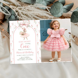 Invitación Pink Bow & Floral Some Bunny is One 1st Birthday