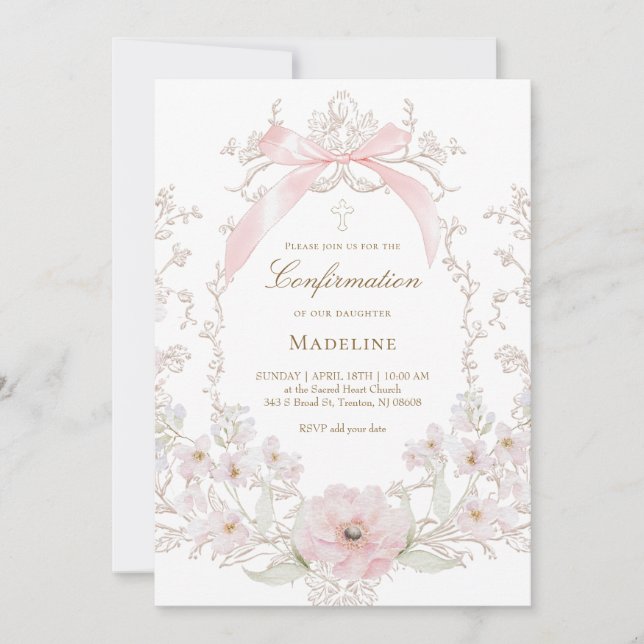 Invitación  pink bow flowers frame Confirmation (Anverso)