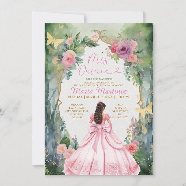 Invitación Pink Bow Forest Sage Green Dress Flower Mis Quince (Anverso)