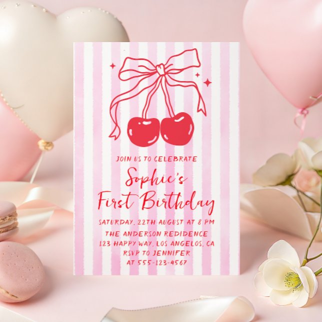 Invitación Pink Bow Fruit Sweet Cherry First Birthday (Subido por el creador)