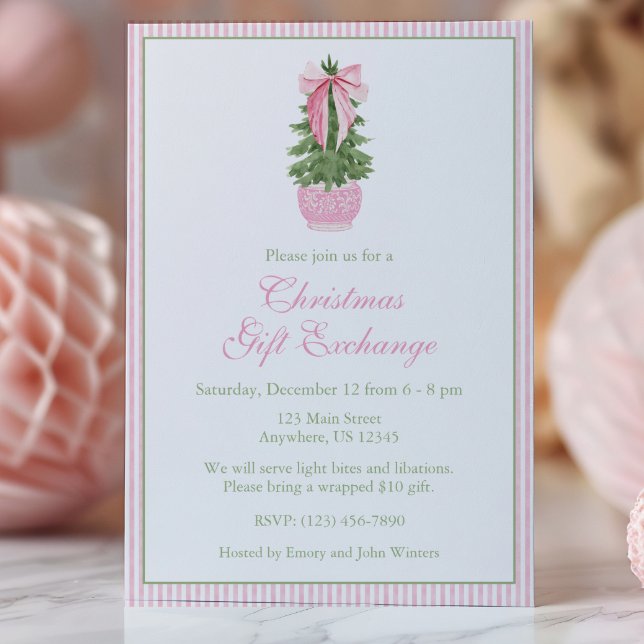 Invitación Pink Bow Ginger Jar Fiesta de árbol de Navidad (Subido por el creador)