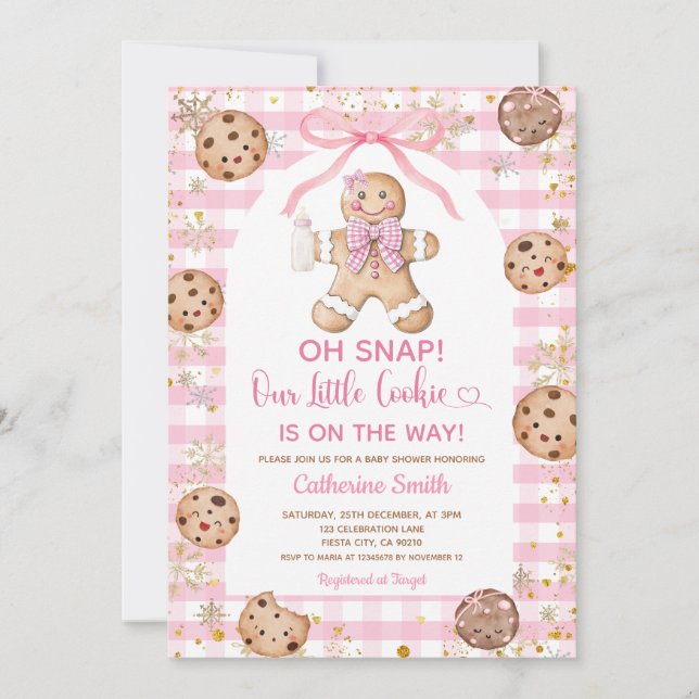 Invitación Pink Bow Gingerbread Christmas Baby Shower Gingham (Anverso)