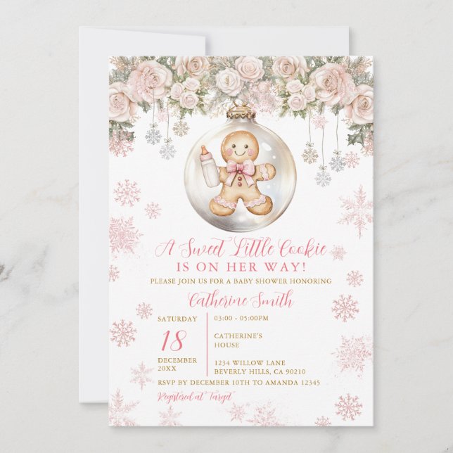 Invitación Pink Bow Gingerbread Christmas Cookies Baby Shower (Anverso)