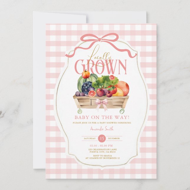 Invitación Pink Bow Gingham Baby Shower de crecimiento local (Anverso)