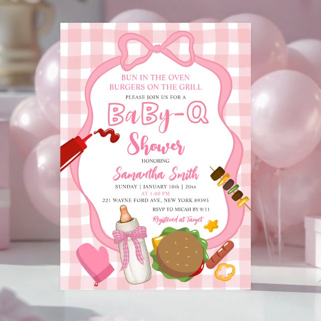 Invitación Pink Bow Gingham  Babyq baby shower invitation (Subido por el creador)