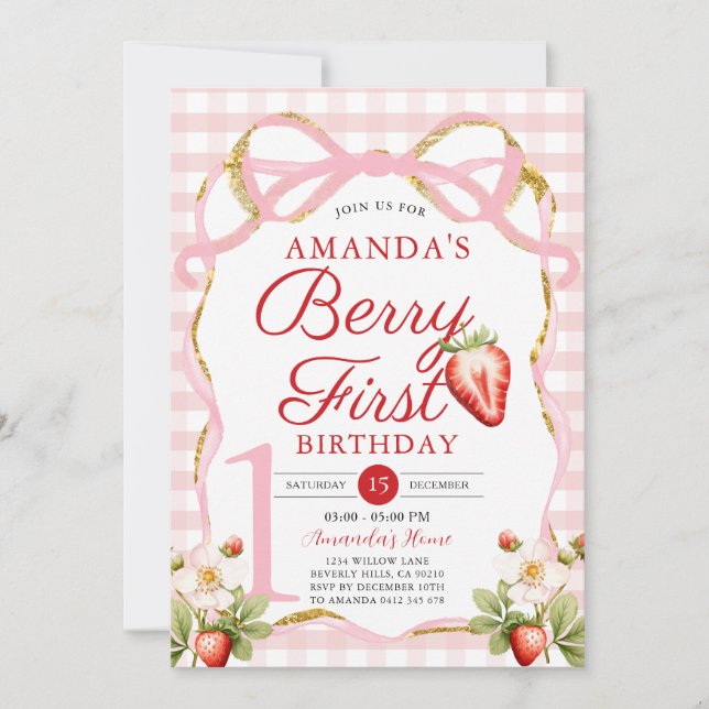 Invitación Pink Bow Gingham Berry First Strawberry Birday (Anverso)