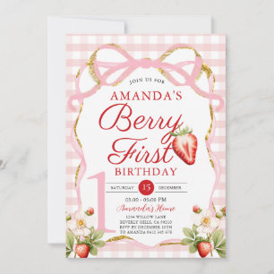 Invitación Pink Bow Gingham Berry First Strawberry Birday