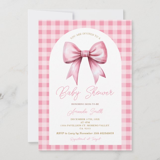 Invitación Pink Bow Gingham Coquette Chica Arch Baby Shower (Anverso)