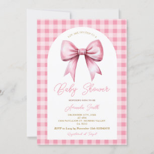 Invitación Pink Bow Gingham Coquette Chica Arch Baby Shower