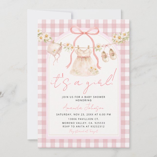 Invitación Pink Bow Gingham Daisy Clothesline I (Anverso)
