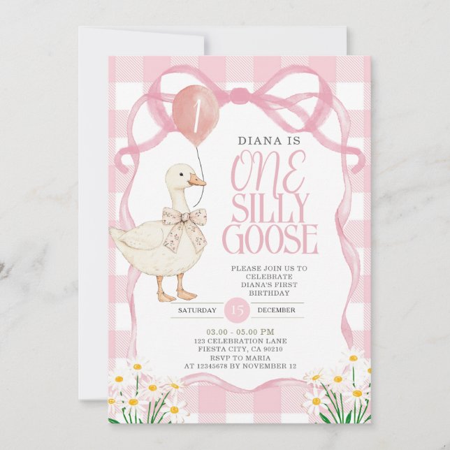Invitación PINK BOW Gingham Daisy One Silly Goose Birday (Anverso)