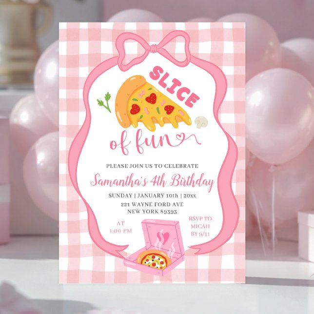 Invitación Pink Bow Gingham Slice of Fun pizza birthday  (Subido por el creador)