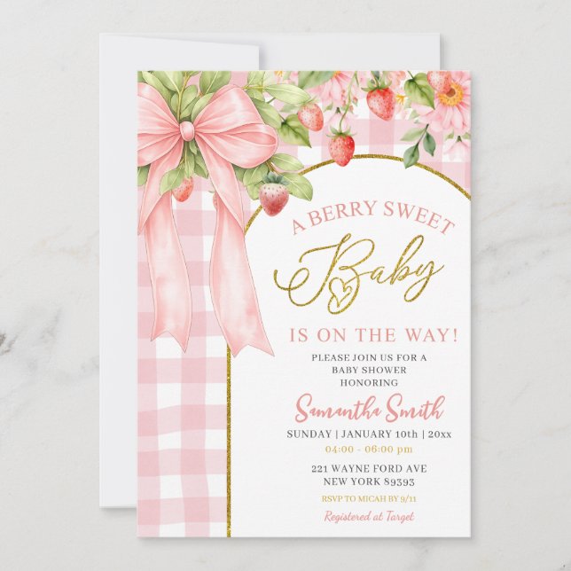 Invitación Pink Bow Gingham Strawberry Baby Shower (Anverso)