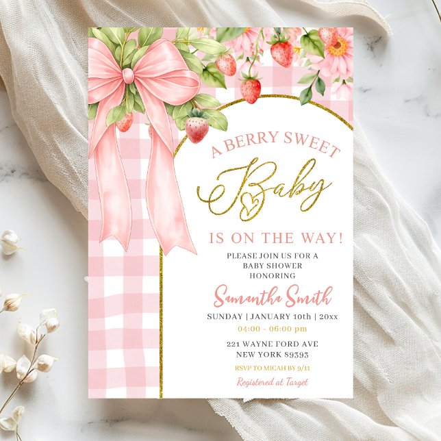 Invitación Pink Bow Gingham Strawberry Baby Shower (Subido por el creador)