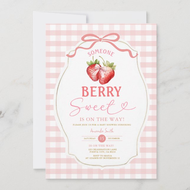 Invitación Pink Bow Gingham Strawberry Baby Shower (Anverso)