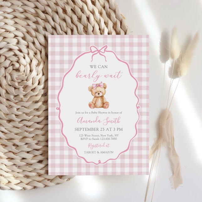 Invitación Pink Bow Gingham Teddy Bear Baby Shower (Subido por el creador)