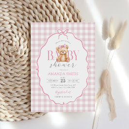 Invitación Pink Bow Gingham Teddy Bear Baby Shower