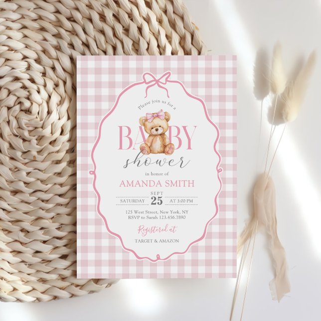 Invitación Pink Bow Gingham Teddy Bear Baby Shower (Subido por el creador)