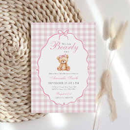 Invitación Pink Bow Gingham Teddy Bear Baby Shower