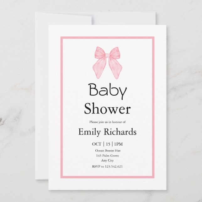 Invitación Pink Bow Girl Baby Shower  (Anverso)