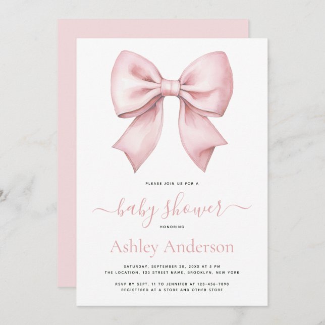 Invitación Pink Bow Girl Baby Shower (Anverso / Reverso)