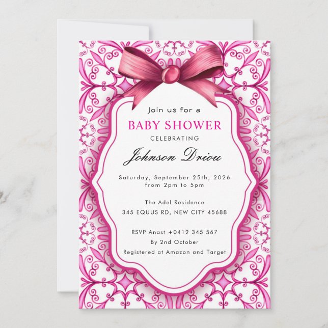 Invitación Pink Bow Girl Baby Shower (Anverso)