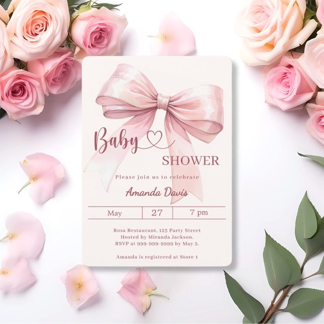 Invitación Pink bow girl beige cream Baby Shower (Subido por el creador)