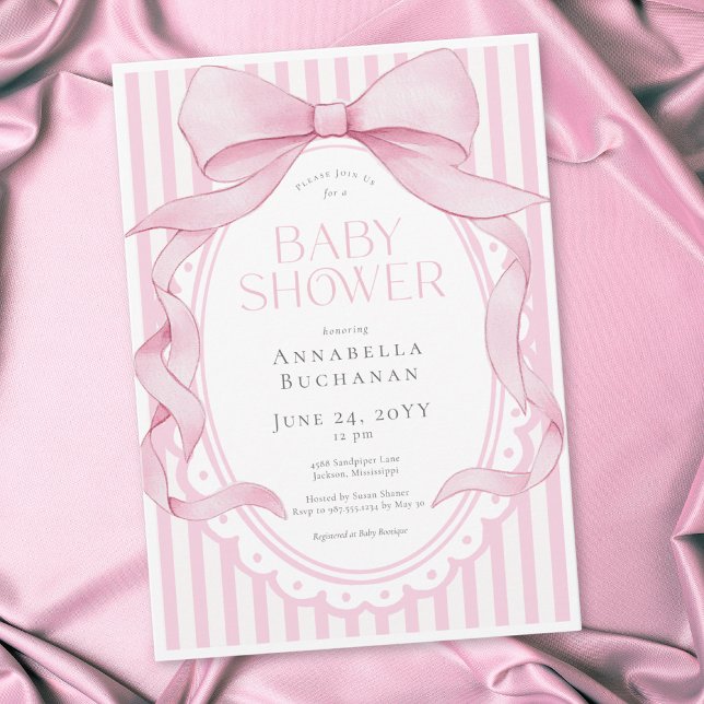 Invitación Pink Bow Girl Coquette Striped Baby Shower  (Subido por el creador)