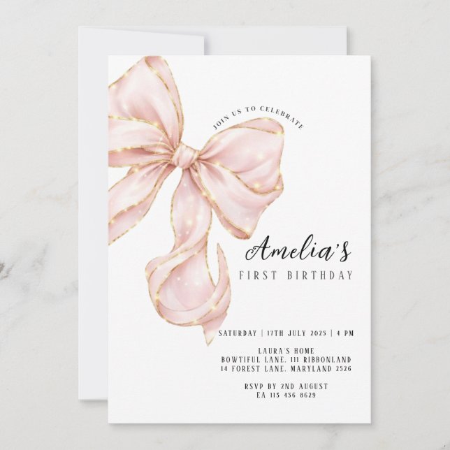 Invitación Pink Bow Girl First Birthday  (Anverso)