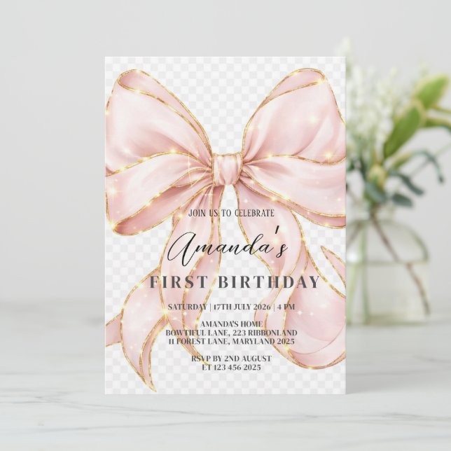 Invitación Pink Bow Girl First Birthday  (Anverso de pie)