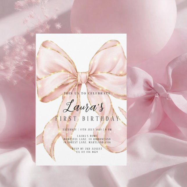 Invitación Pink Bow Girl First Birthday  (Subido por el creador)