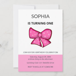 Invitación Pink Bow Girl Kids First Birthday 