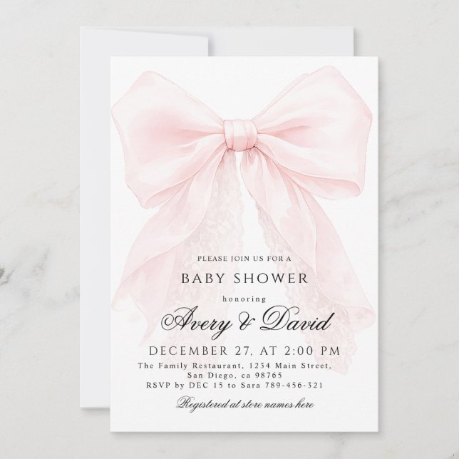 Invitación Pink Bow Girl Modern Baby Shower  (Anverso)