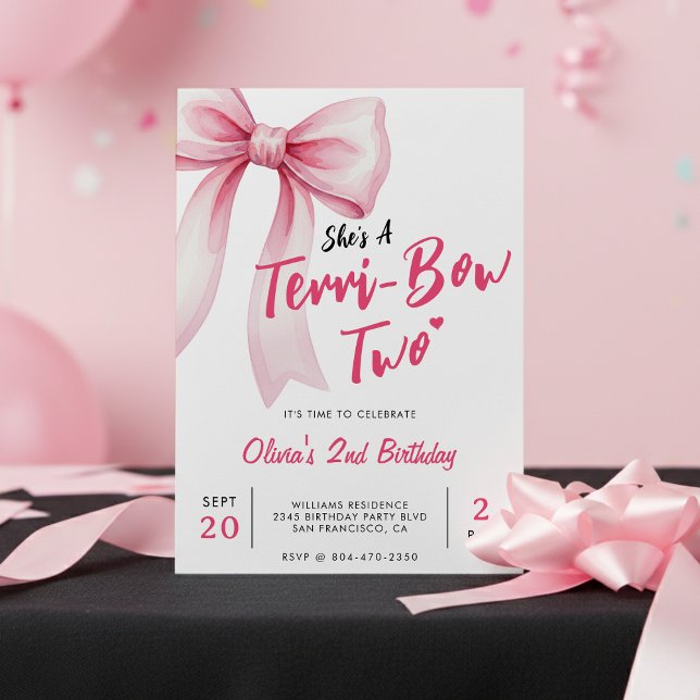 Invitación Pink Bow Girls 2nd Birthday Party Terrible Two (Pink Bow Girls 2nd Birthday Party Terrible Two Invitation
)
