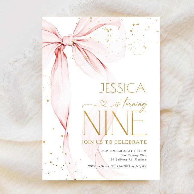 Invitación Pink Bow Girls 9th Birthday  (Subido por el creador)