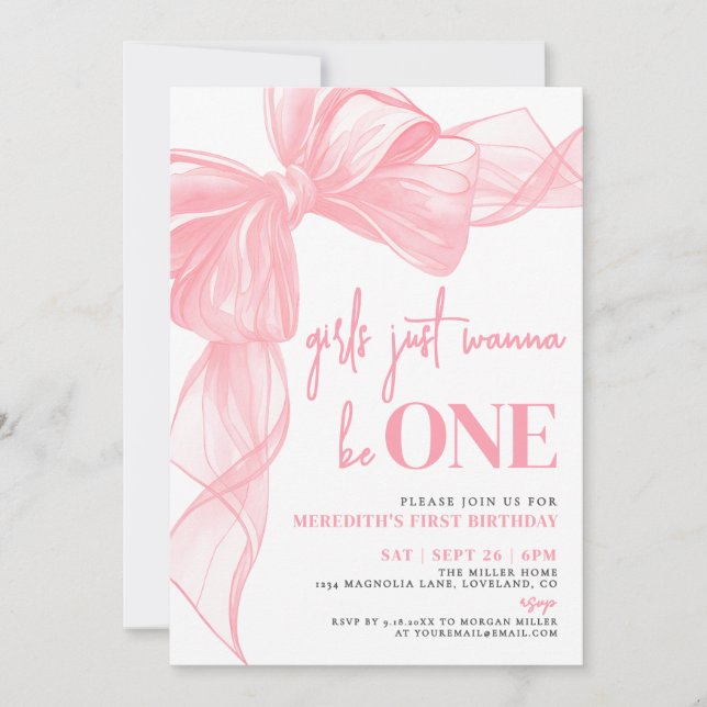 Invitación Pink Bow Girls Just Wanna Be ONE 1st Birthday (Anverso)