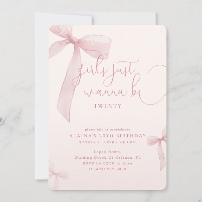 Invitación Pink Bow Girls Just Wanna be Twenty Birthday (Anverso)